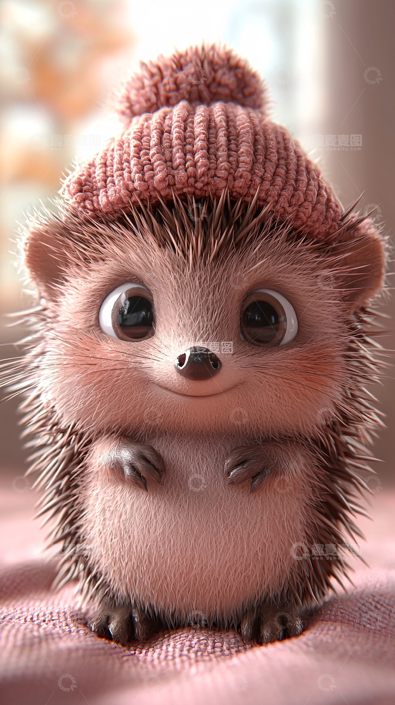 高清大图下载【趣麦麦图】戴粉色毛线帽的可爱刺猬