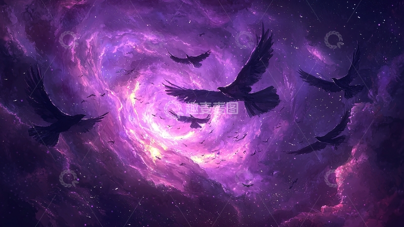 高清大图下载【趣麦麦图】紫色的星空乌鸦群