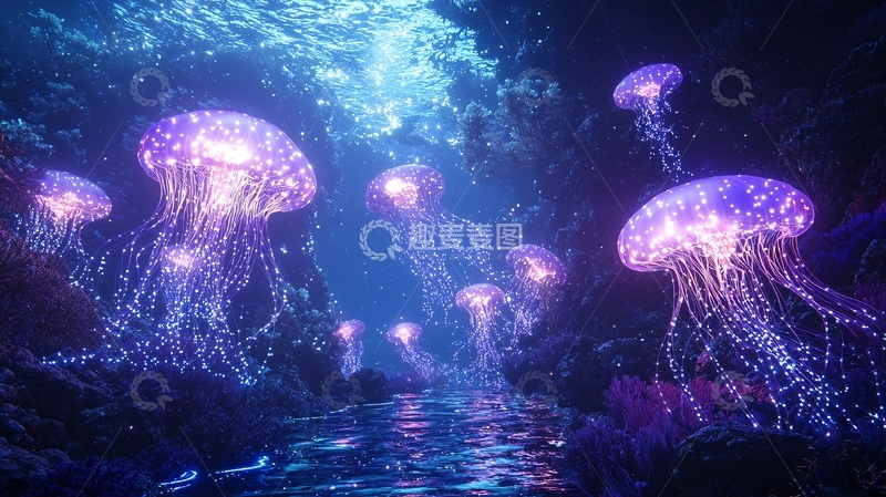 高清大图下载【趣麦麦图】深海发光水母群