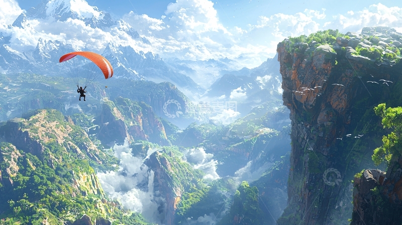 高清大图下载【趣麦麦图】高山峡谷滑翔伞