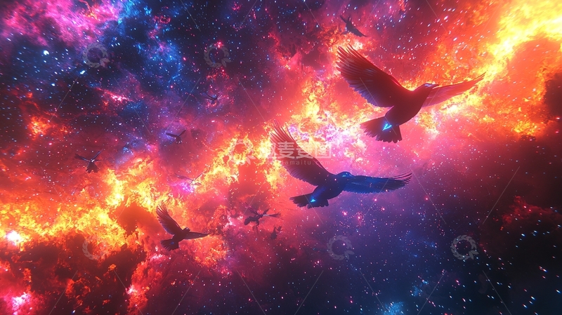 高清大图下载【趣麦麦图】宇宙飞鸟火焰星云