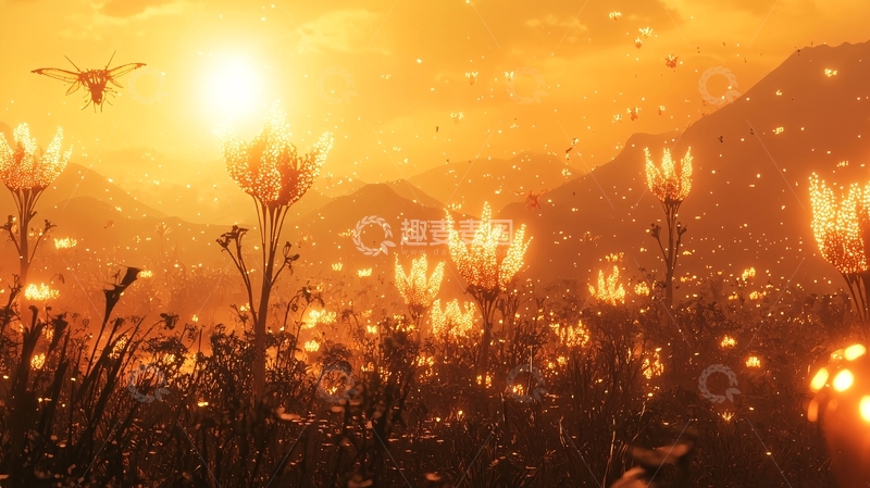 高清大图下载【趣麦麦图】夕阳下燃烧的奇幻花田