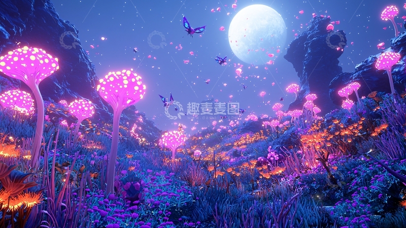 高清大图下载【趣麦麦图】梦幻荧光菌菇森林