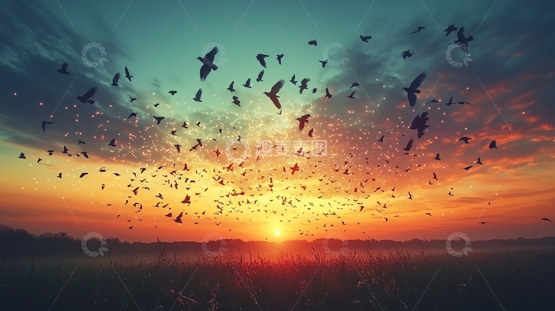 高清大图下载【趣麦麦图】日落时分飞鸟群