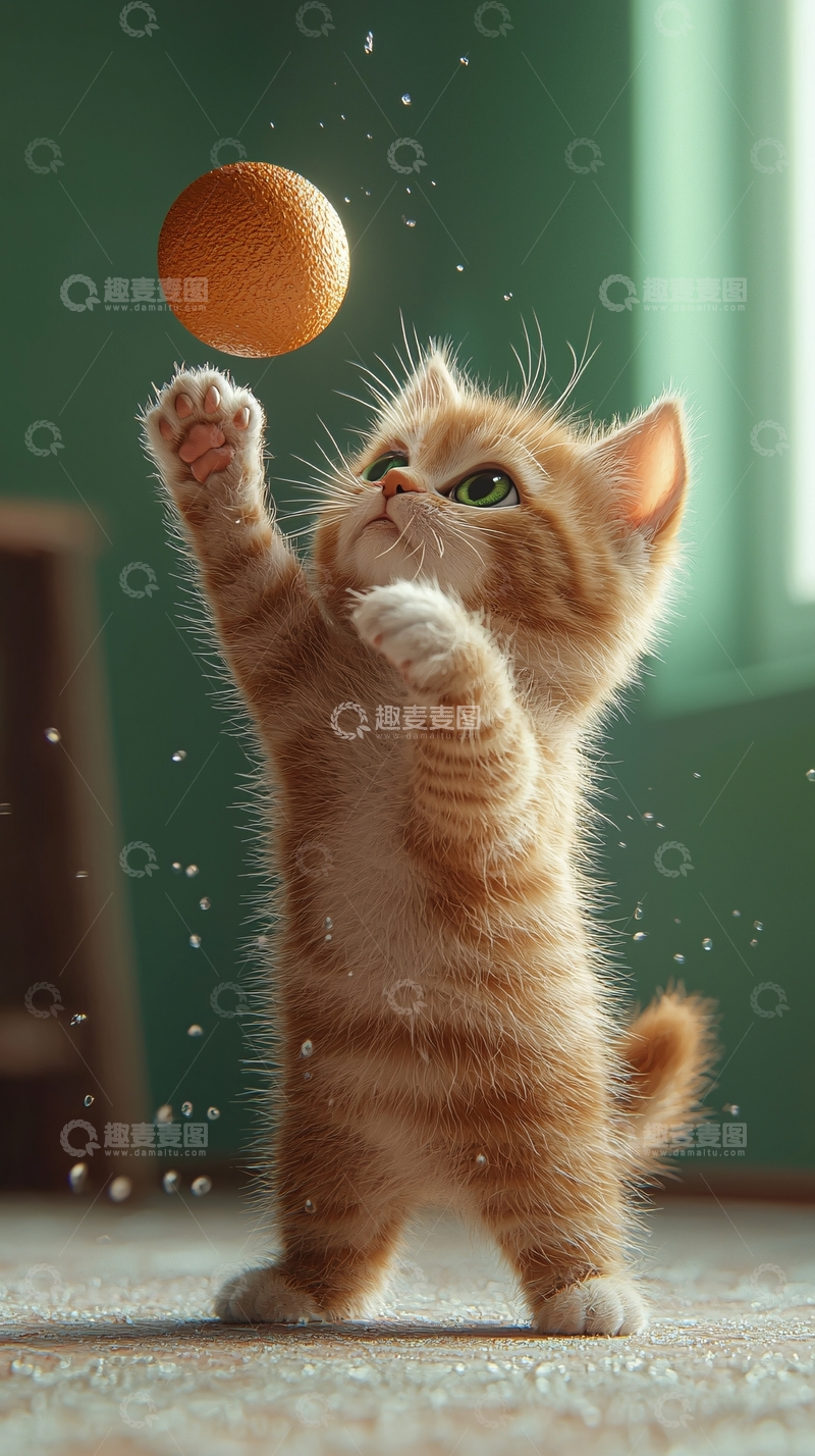 高清大图下载【趣麦麦图】小猫玩耍橙色球