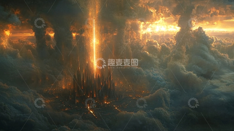 高清大图下载【趣麦麦图】云层中的光柱城市