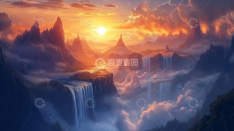 高清大图下载【趣麦麦图】夕阳下的奇幻山谷