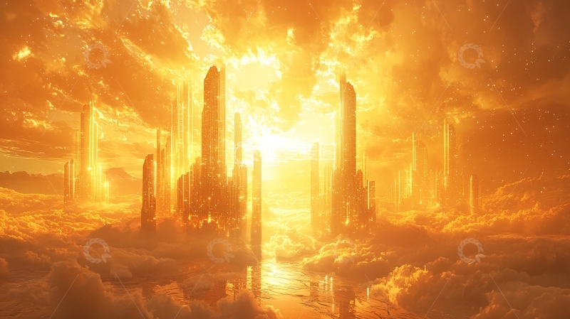 高清大图下载【趣麦麦图】金色天空中的高塔