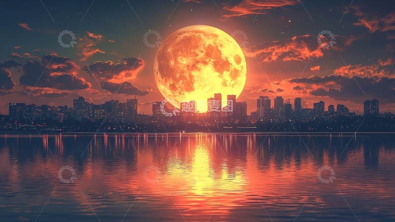 高清大图下载【趣麦麦图】巨型血月下的城市夜景