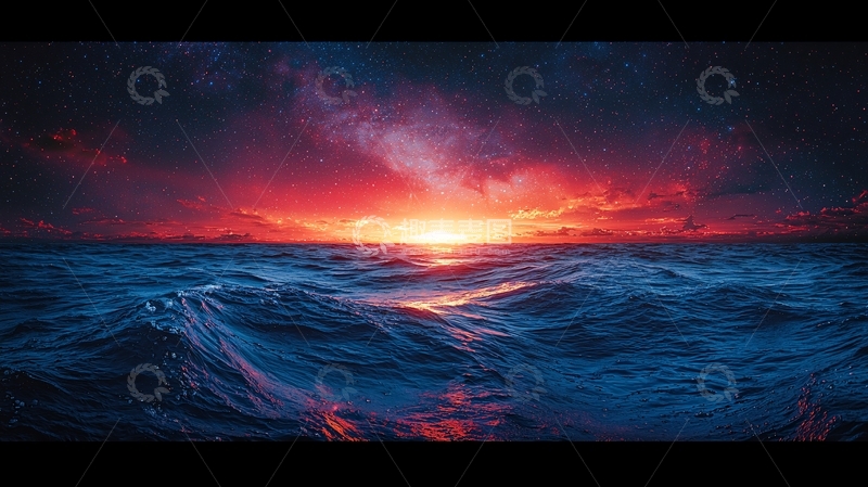 高清大图下载【趣麦麦图】暗红色天空下的汹涌大海