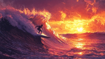 火烧云下冲浪的人