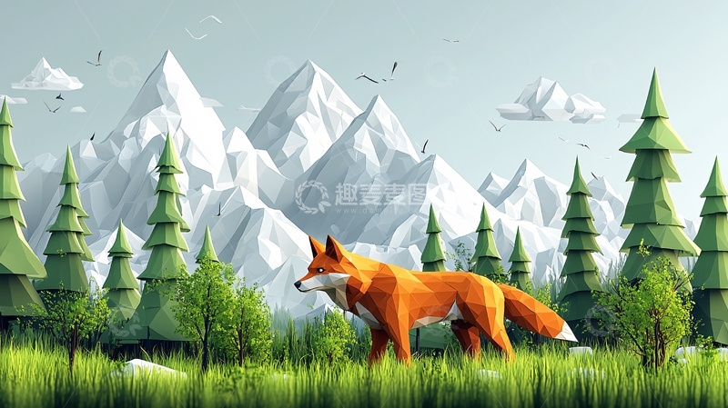 高清大图下载【趣麦麦图】低多边形狐狸雪山森林