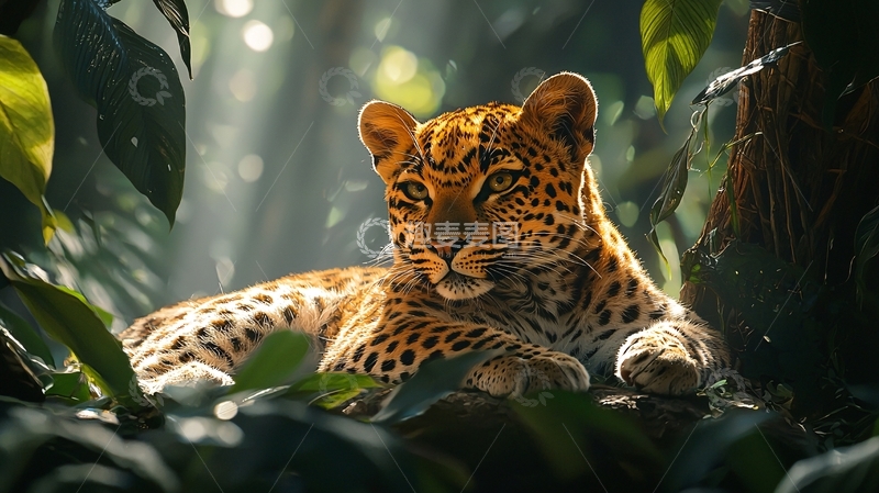 高清大图下载【趣麦麦图】树林中休憩的豹子