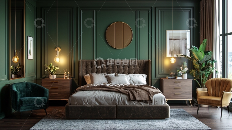 高清大图下载【趣麦麦图】暗绿色卧室高级感设计