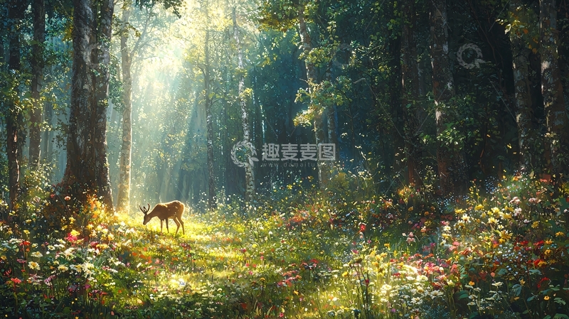 高清大图下载【趣麦麦图】森林清晨阳光鹿