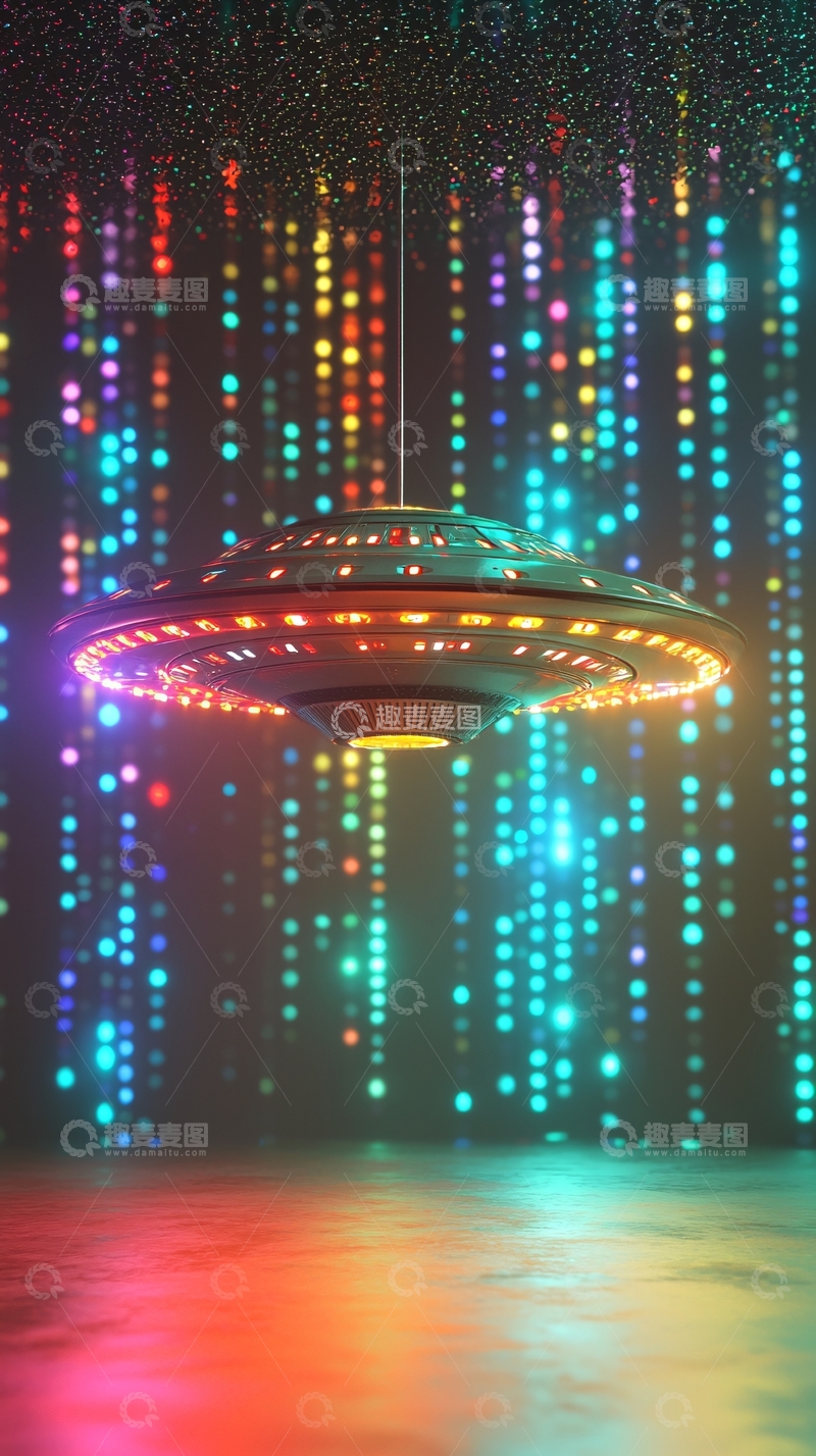 高清大图下载【趣麦麦图】飞碟悬停在多彩数据流背景