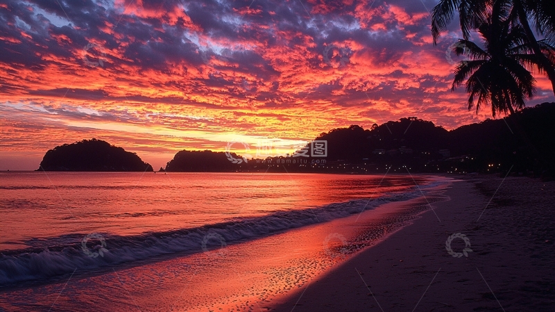 高清大图下载【趣麦麦图】火烧云海滩日落