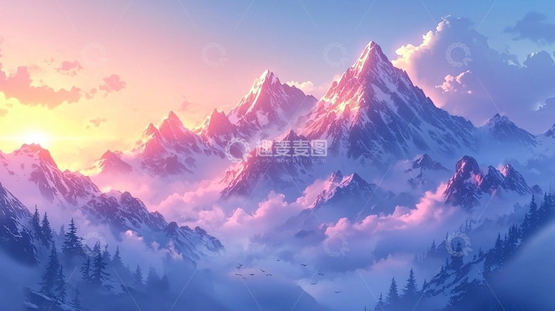高清大图下载【趣麦麦图】梦幻雪山日出景色