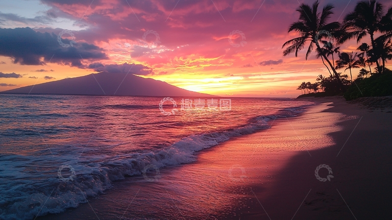 高清大图下载【趣麦麦图】海滩日落椰树剪影