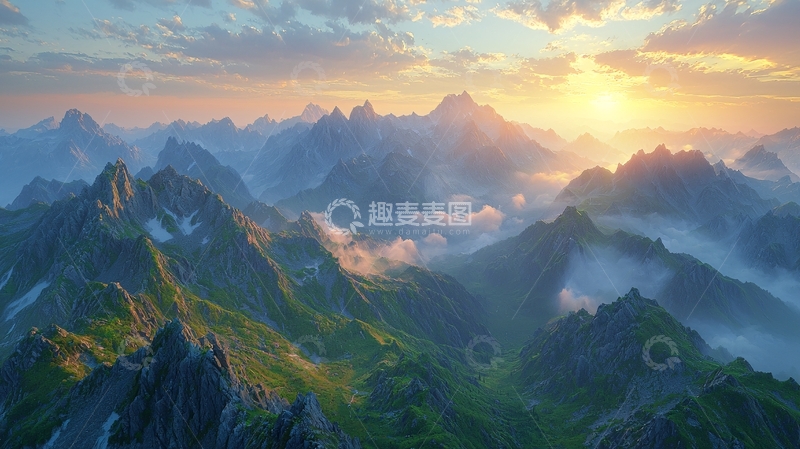 高清大图下载【趣麦麦图】日出云海山峰壮丽景色