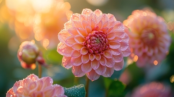 清晨阳光下的粉红色大丽花