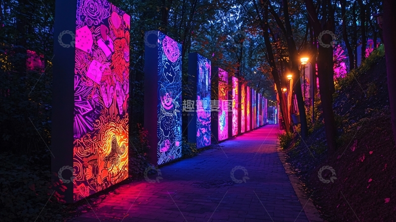 高清大图下载【趣麦麦图】夜间森林灯光艺术装置