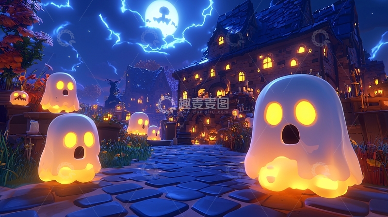 高清大图下载【趣麦麦图】卡通万圣节鬼魂小镇