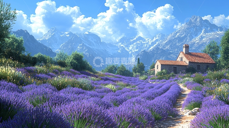 高清大图下载【趣麦麦图】薰衣草田园雪山风景