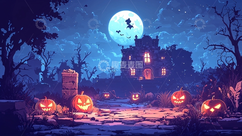高清大图下载【趣麦麦图】万圣节夜晚的恐怖古堡