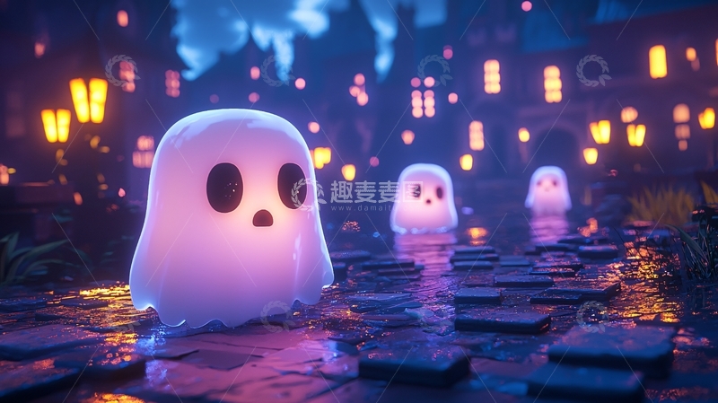 高清大图下载【趣麦麦图】夜晚小城可爱幽灵