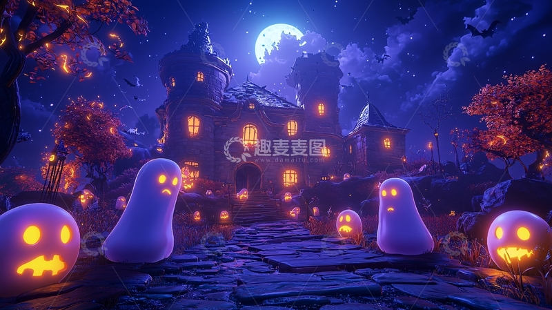高清大图下载【趣麦麦图】万圣节卡通城堡夜景