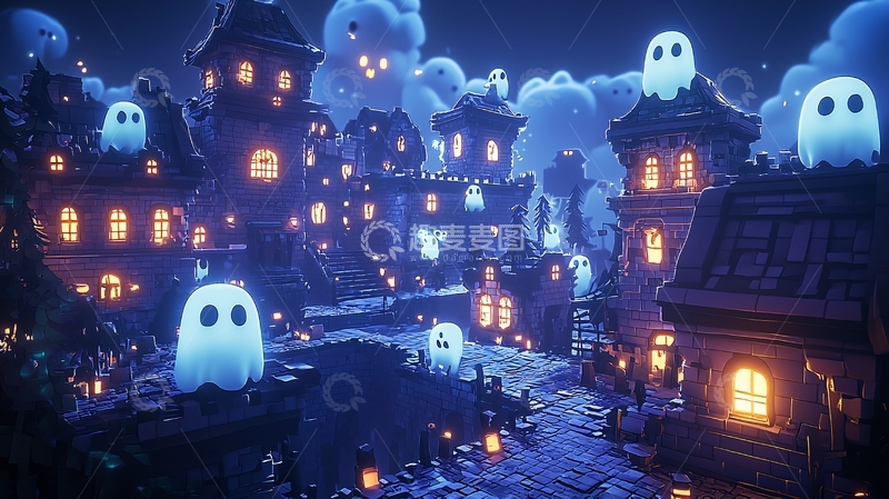高清大图下载【趣麦麦图】卡通鬼魂小镇夜景