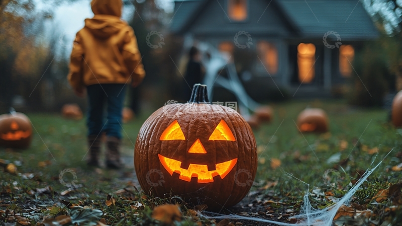 高清大图下载【趣麦麦图】孩子在万圣节南瓜灯前