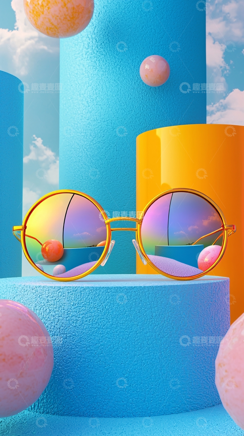 高清大图下载【趣麦麦图】圆形墨镜彩球几何背景
