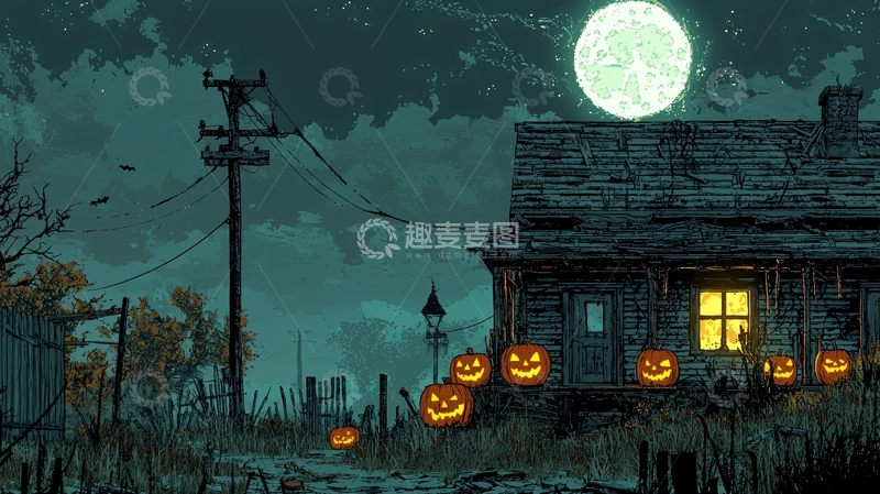 高清大图下载【趣麦麦图】夜晚老屋南瓜灯