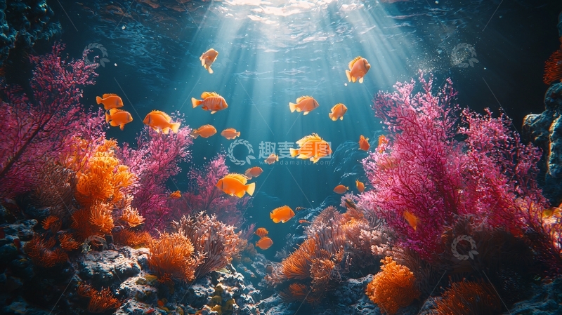 高清大图下载【趣麦麦图】深海珊瑚鱼群光线