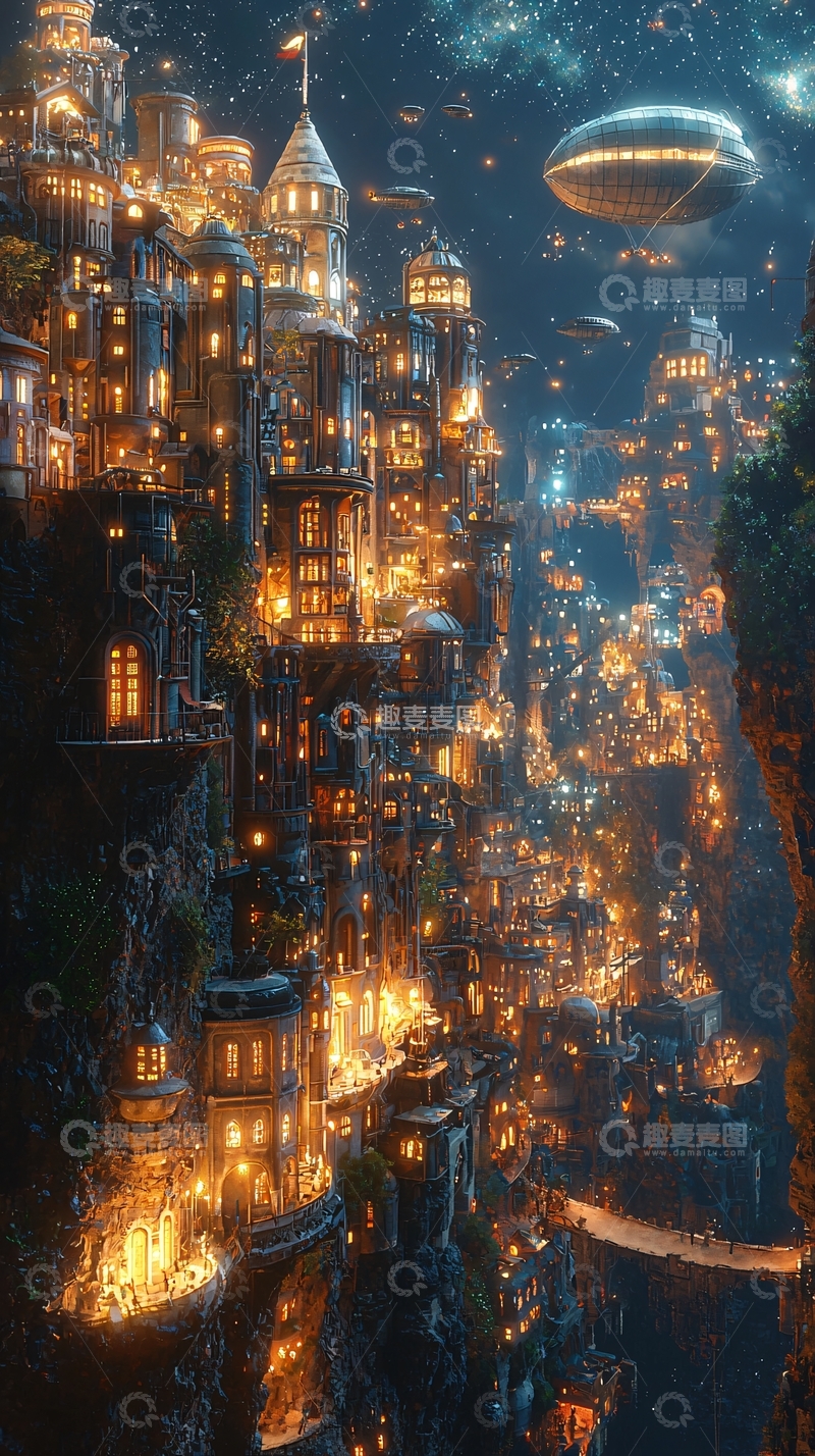 高清大图下载【趣麦麦图】悬崖峭壁上的奇幻城市