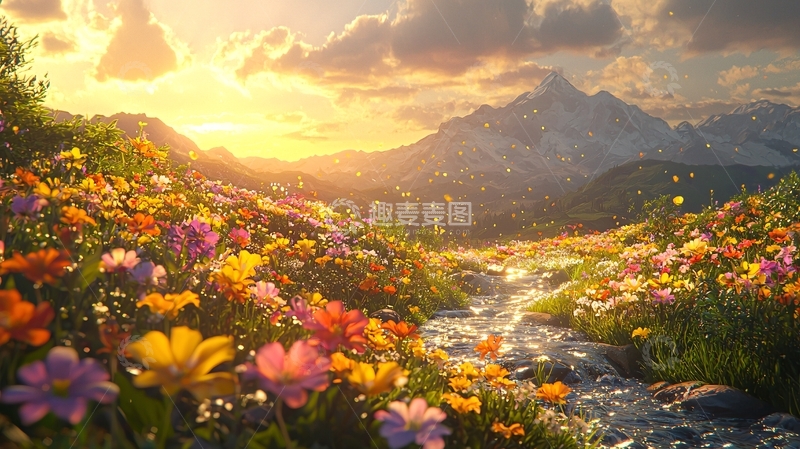 高清大图下载【趣麦麦图】山间溪流彩色花海日落