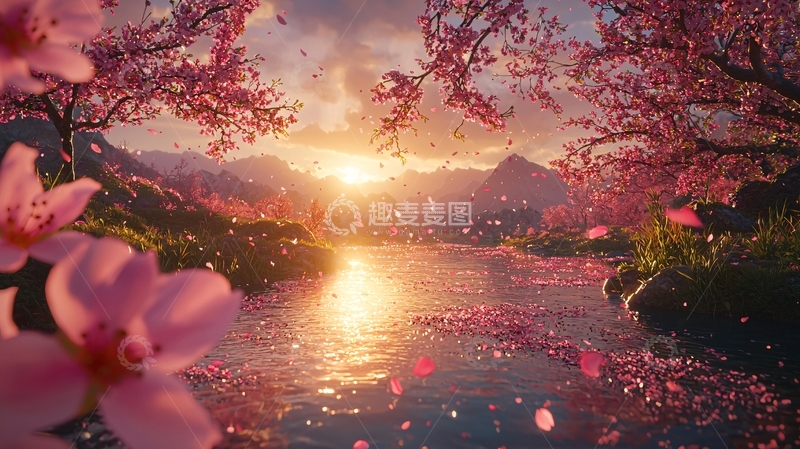 高清大图下载【趣麦麦图】唯美樱花日落湖景