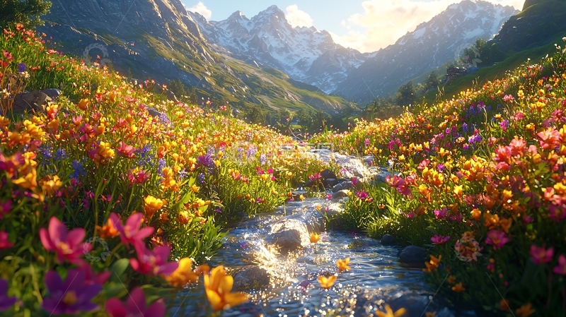 高清大图下载【趣麦麦图】山谷溪流鲜花盛开