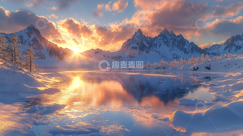 高清大图下载【趣麦麦图】雪山日落湖面反射