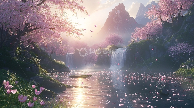 高清大图下载【趣麦麦图】梦幻樱花瀑布仙境