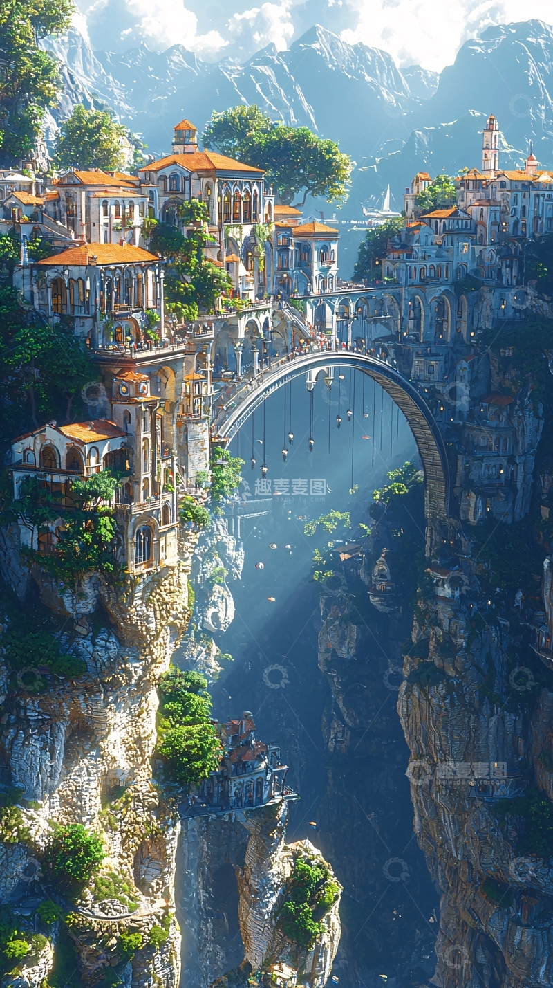 高清大图下载【趣麦麦图】山崖上的梦幻小镇