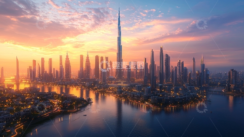 高清大图下载【趣麦麦图】-迪拜日落城市全景