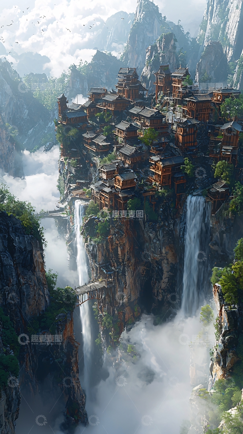 高清大图下载【趣麦麦图】云雾缭绕山顶村庄