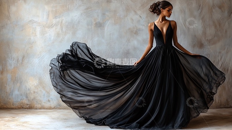 高清大图下载【趣麦麦图】黑色长裙飘逸