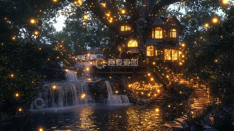 高清大图下载【趣麦麦图】梦幻树屋瀑布夜景