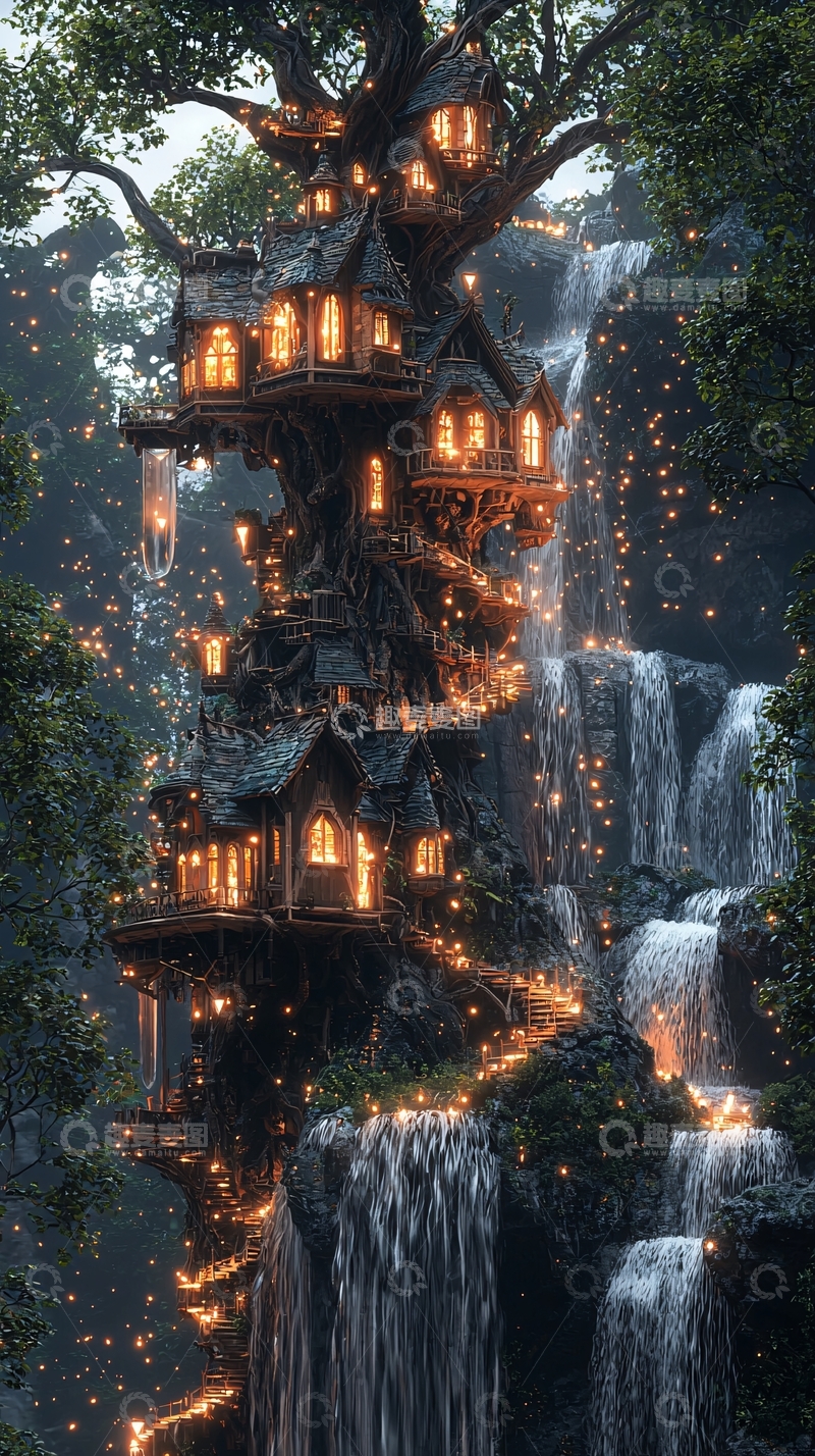 高清大图下载【趣麦麦图】梦幻树屋瀑布