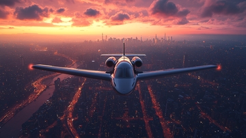 日落城市上空私人飞机
