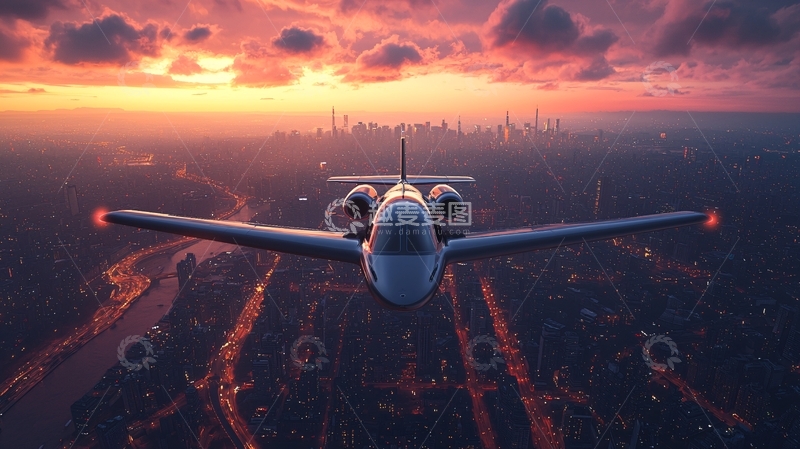 高清大图下载【趣麦麦图】日落城市上空私人飞机